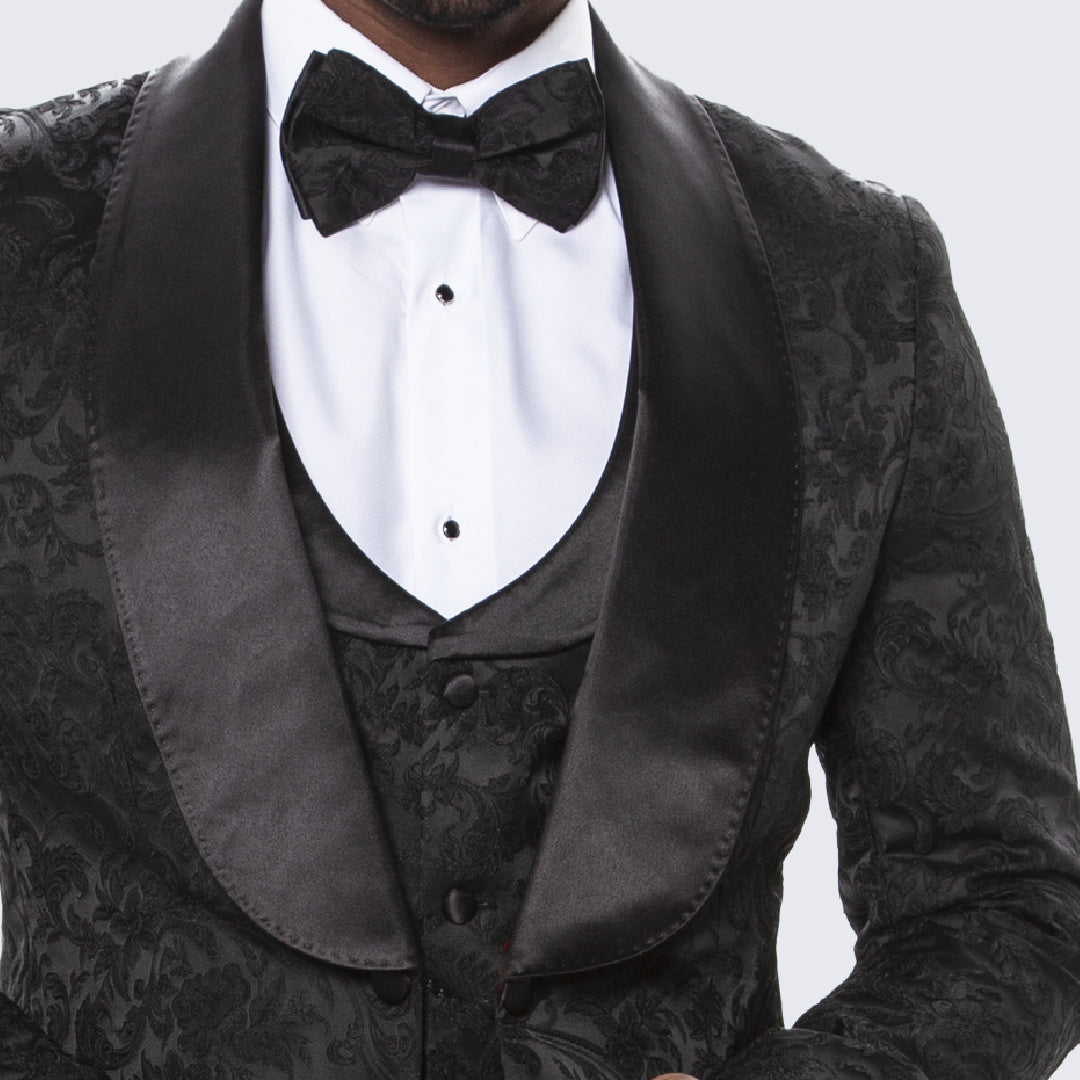 Men's Black Tuxedo with Floral Design Four Piece Set- Wedding - Prom