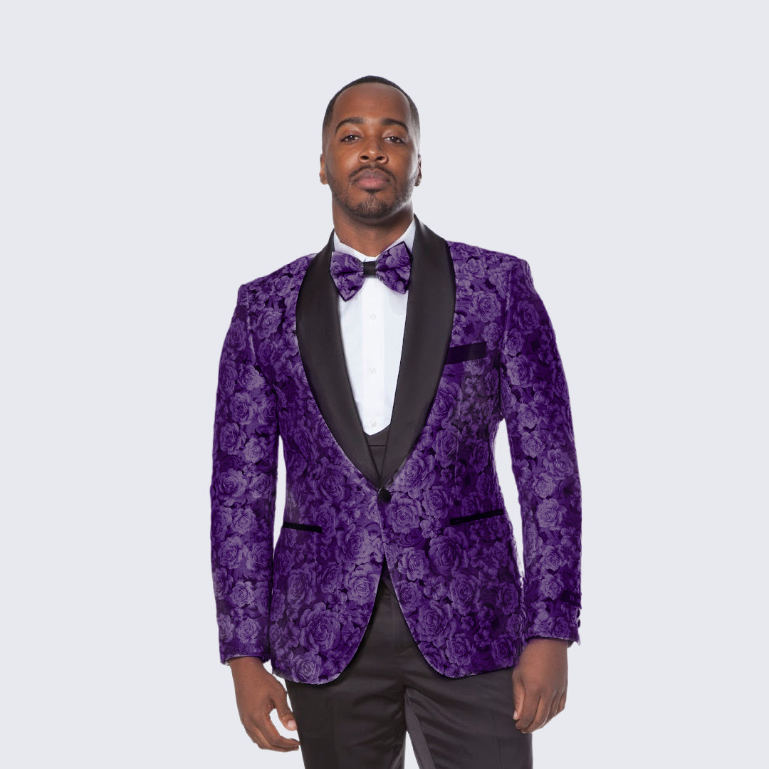 Purple Tuxedo with Floral Pattern Four Piece Set - Wedding - Prom