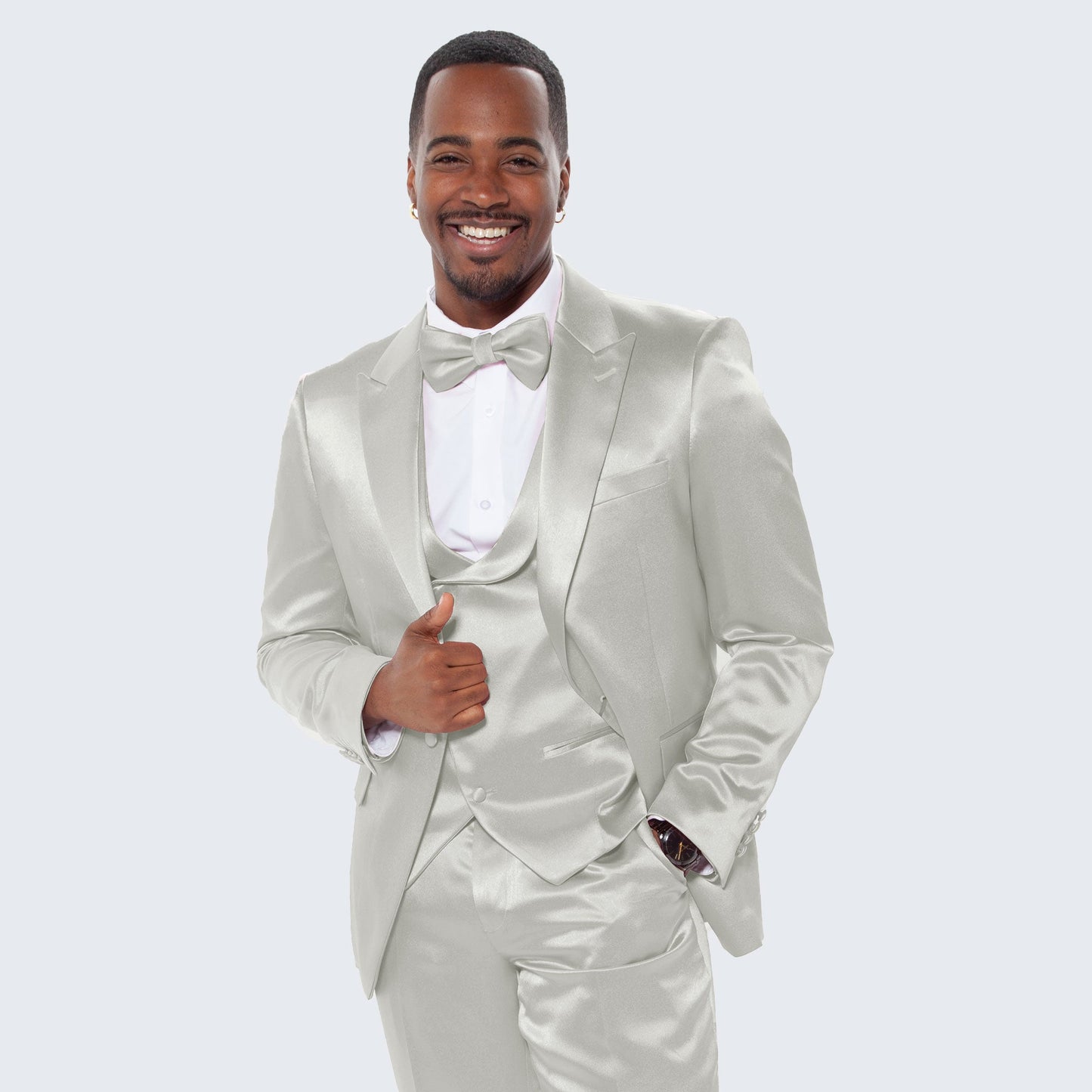 Silver Satin Tuxedo 4-Piece Set with Peak Lapel – Wedding & Prom