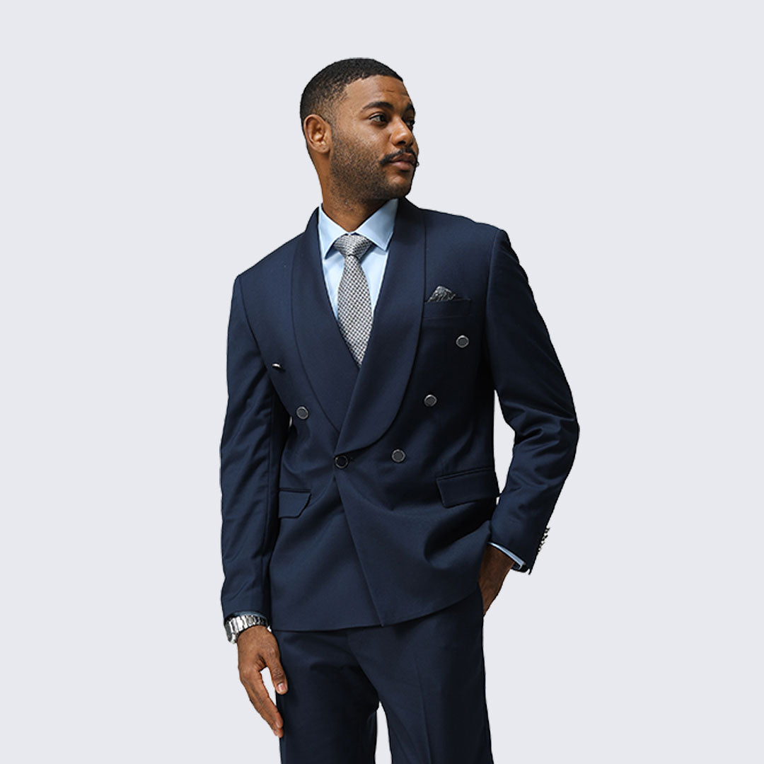 Navy Double Breasted Suit with Wide Shawl Lapel – Wedding & Prom