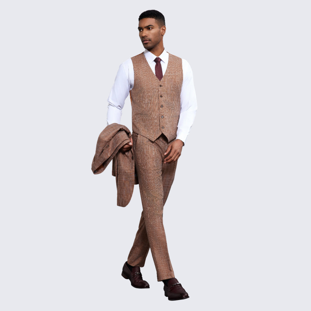 Men's Tan Suit Cross-Stitch Design Three Piece Set- Wedding - Prom