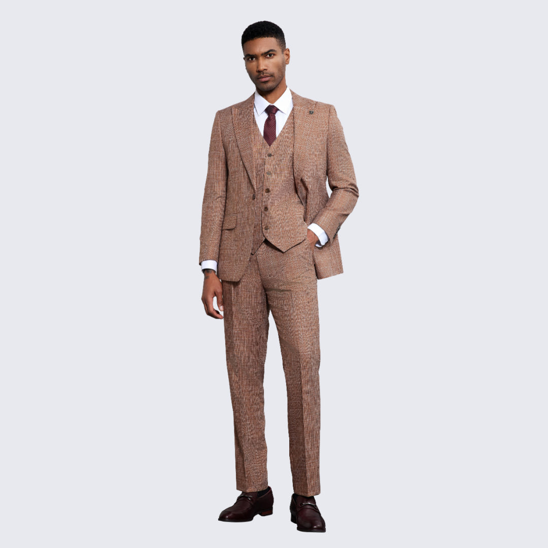 Men's Tan Suit Cross-Stitch Design Three Piece Set- Wedding - Prom