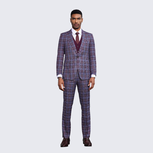 Men's Wine and Grey Plaid Suit Three Piece Set - Wedding - Prom