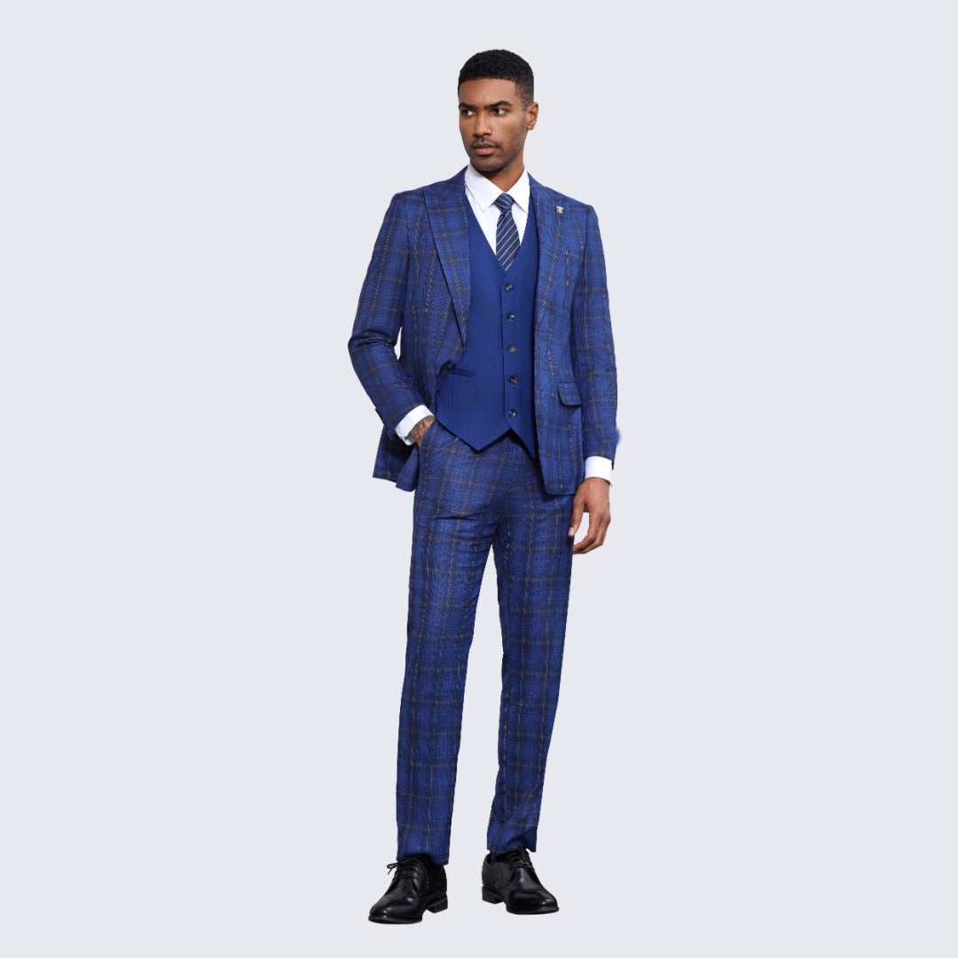 Men's Royal and White Plaid Suit Three Piece Set - Wedding - Prom