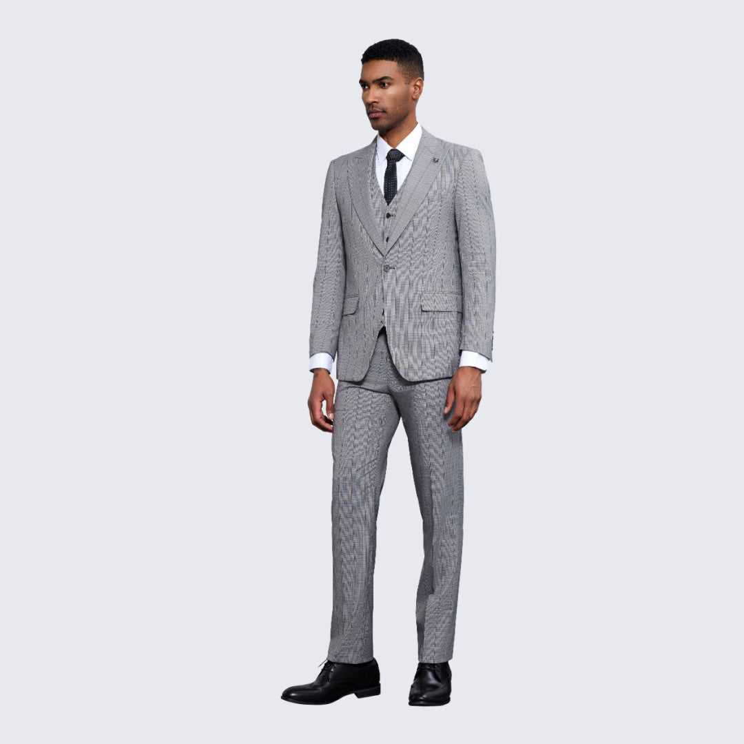 Men's Grey Windowpane Suit Three Piece Set- Wedding - Prom
