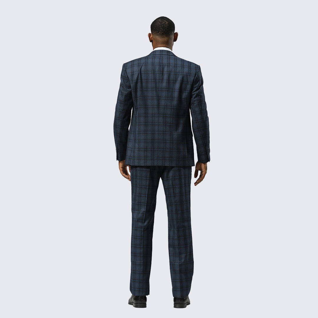 Navy Blue Watch Plaid Three-Piece Suit with Notch Lapel – Wedding & Prom