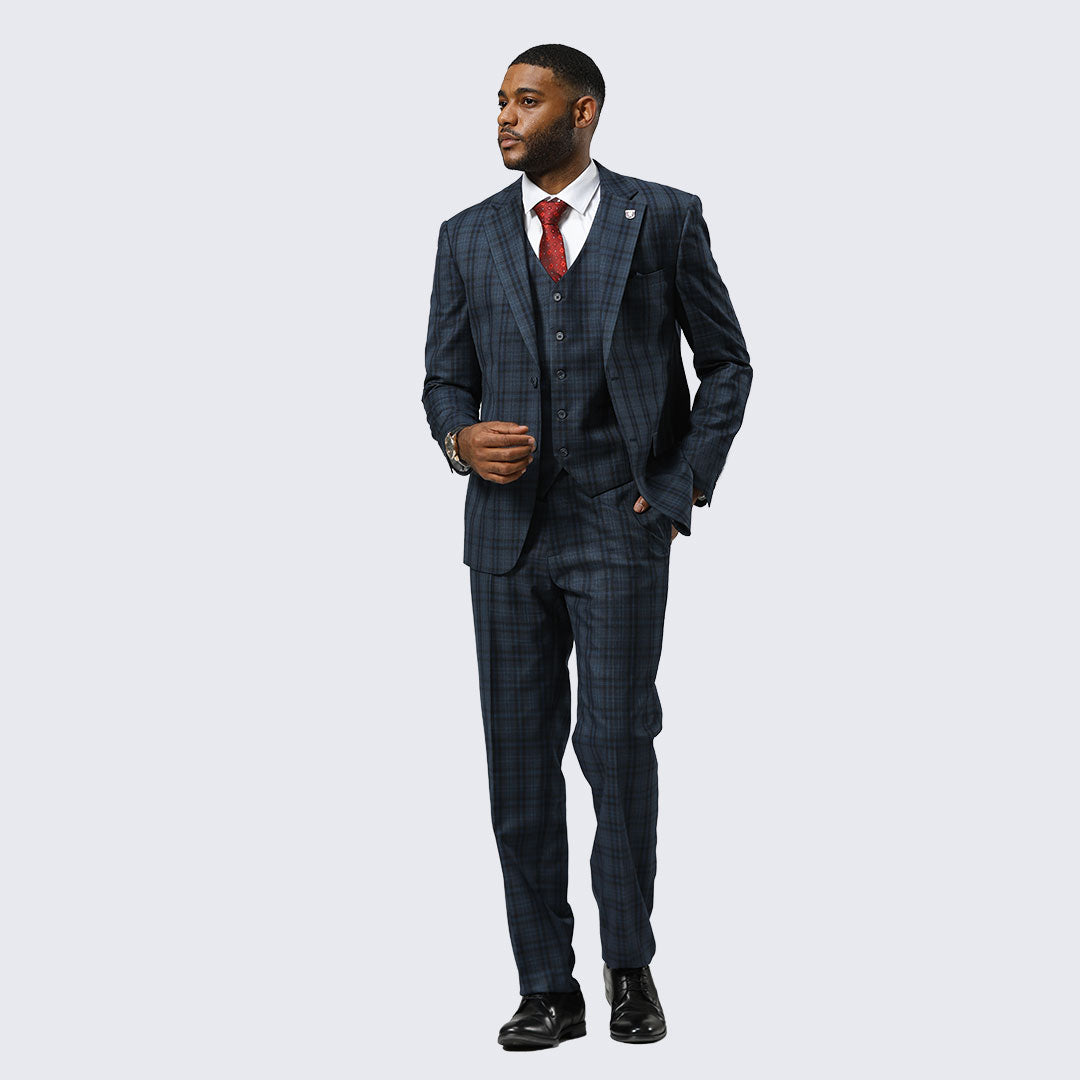Navy Blue Watch Plaid Three-Piece Suit with Notch Lapel – Wedding & Prom