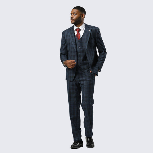 Navy Blue Watch Plaid Three-Piece Suit with Notch Lapel – Wedding & Prom