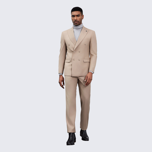 Men’s Double Breasted Tan Suit with Peak Lapel – Wedding & Prom