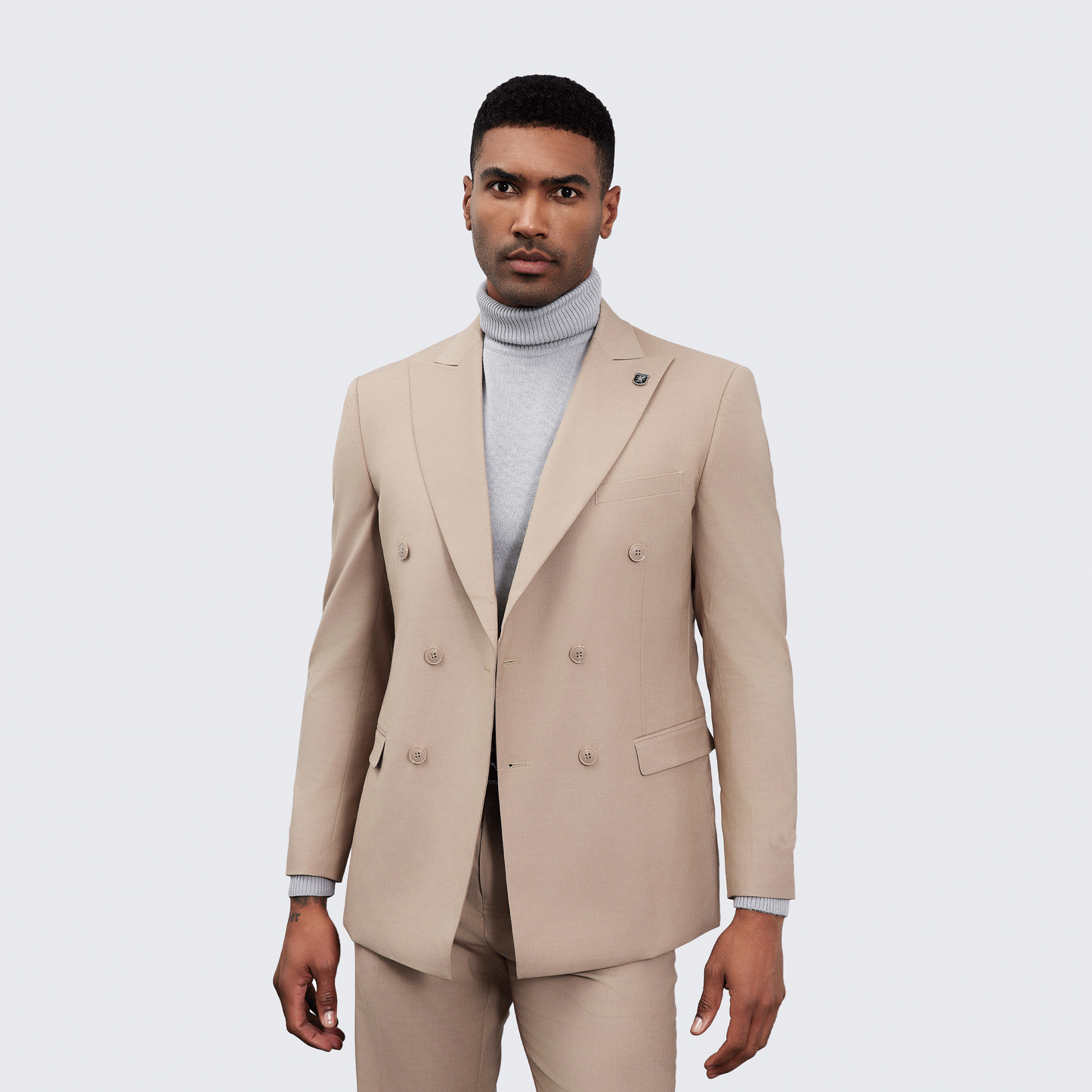 Men’s Double Breasted Tan Suit with Peak Lapel – Wedding & Prom