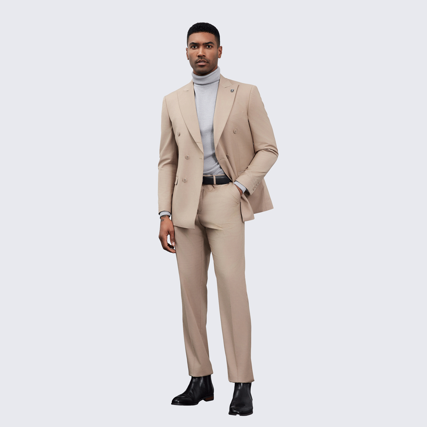Men’s Double Breasted Tan Suit with Peak Lapel – Wedding & Prom