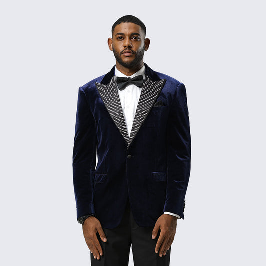 Navy Velvet Tuxedo Jacket with Rhinestone Peak Lapel – Wedding & Prom