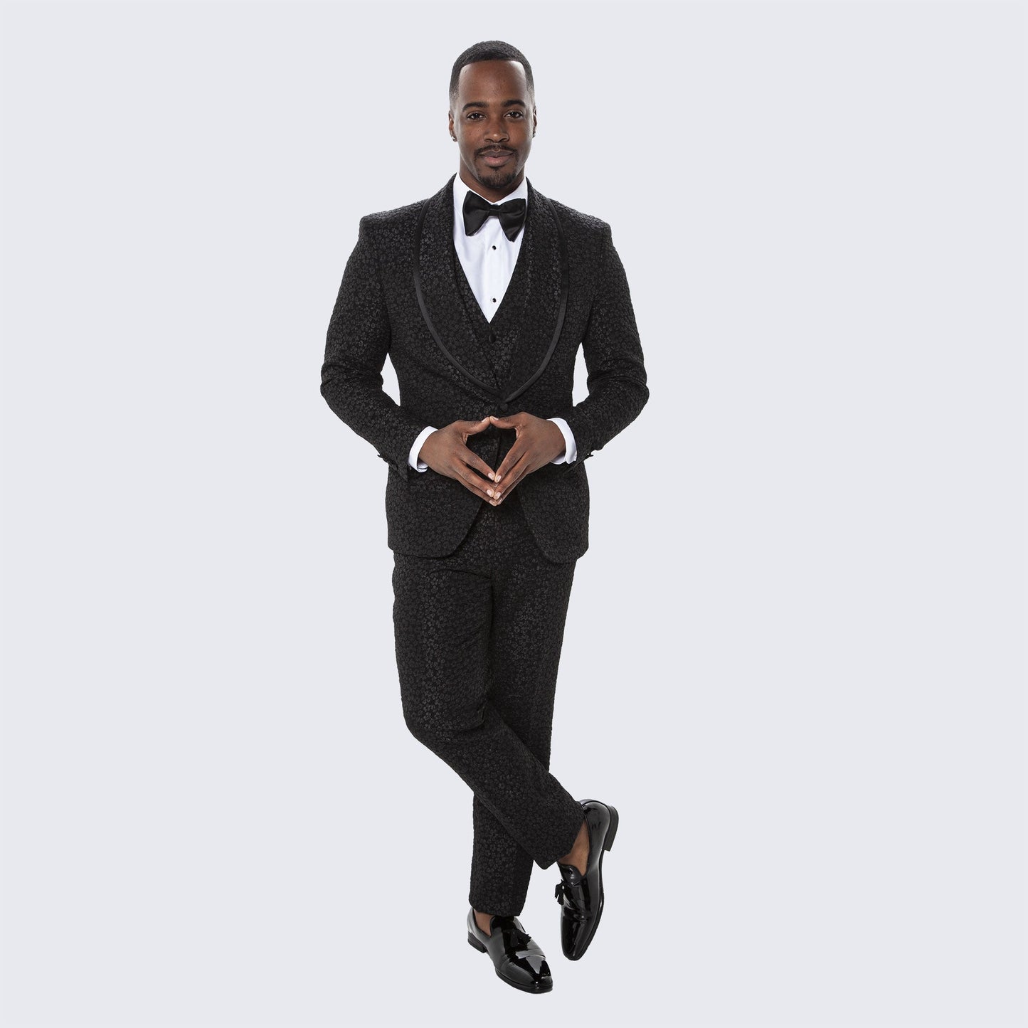 Men's Black Tuxedo with Floral Design Three Piece Set- Wedding - Prom