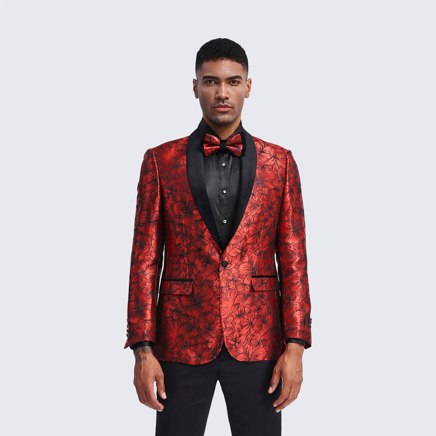 Red Floral Tuxedo Jacket with Shawl Lapel – Wedding & Prom