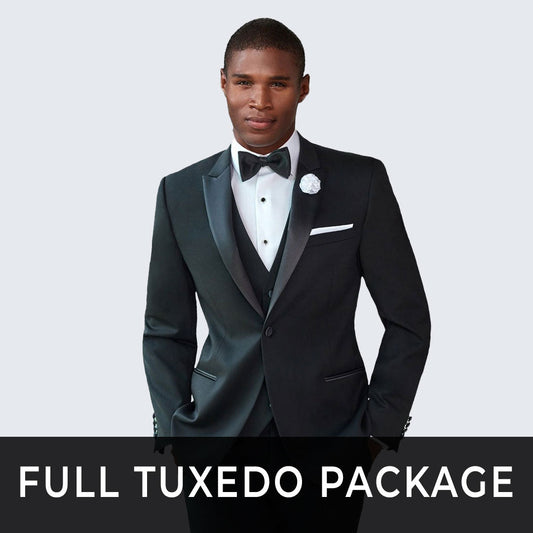 Slim Fit Tuxedo Package - Black Tuxedo Peak Lapel Set with Shirt, Vest, and Cufflink Set- Wedding - Prom