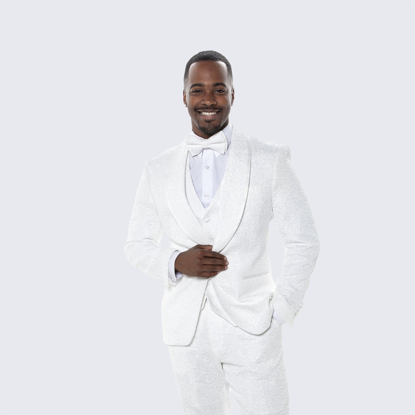 Men's White Tuxedo with Floral Design Three Piece Set- Wedding - Prom