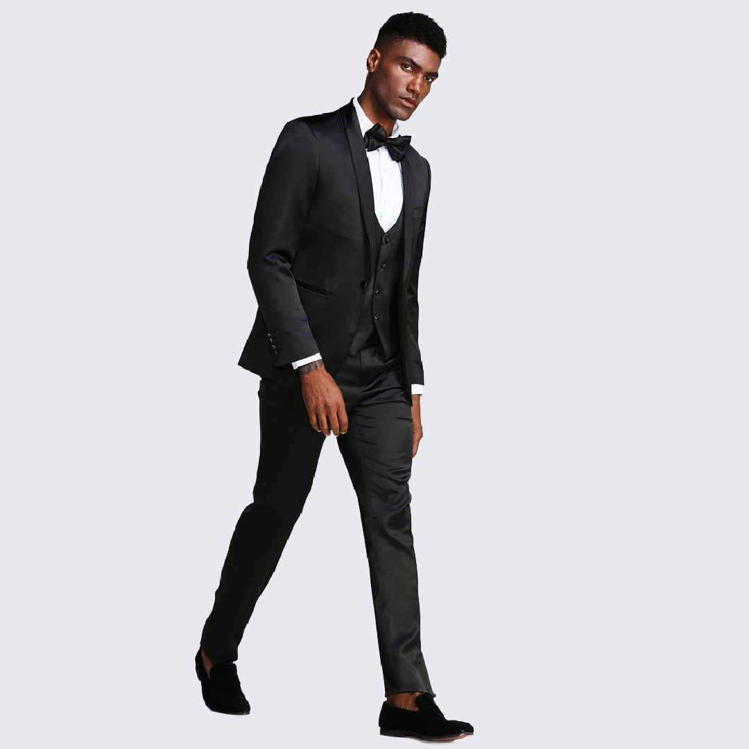 [DISCOUNTED] Black Slim Fit Tuxedo Fully Satin Four Piece Set - Limited Sizes