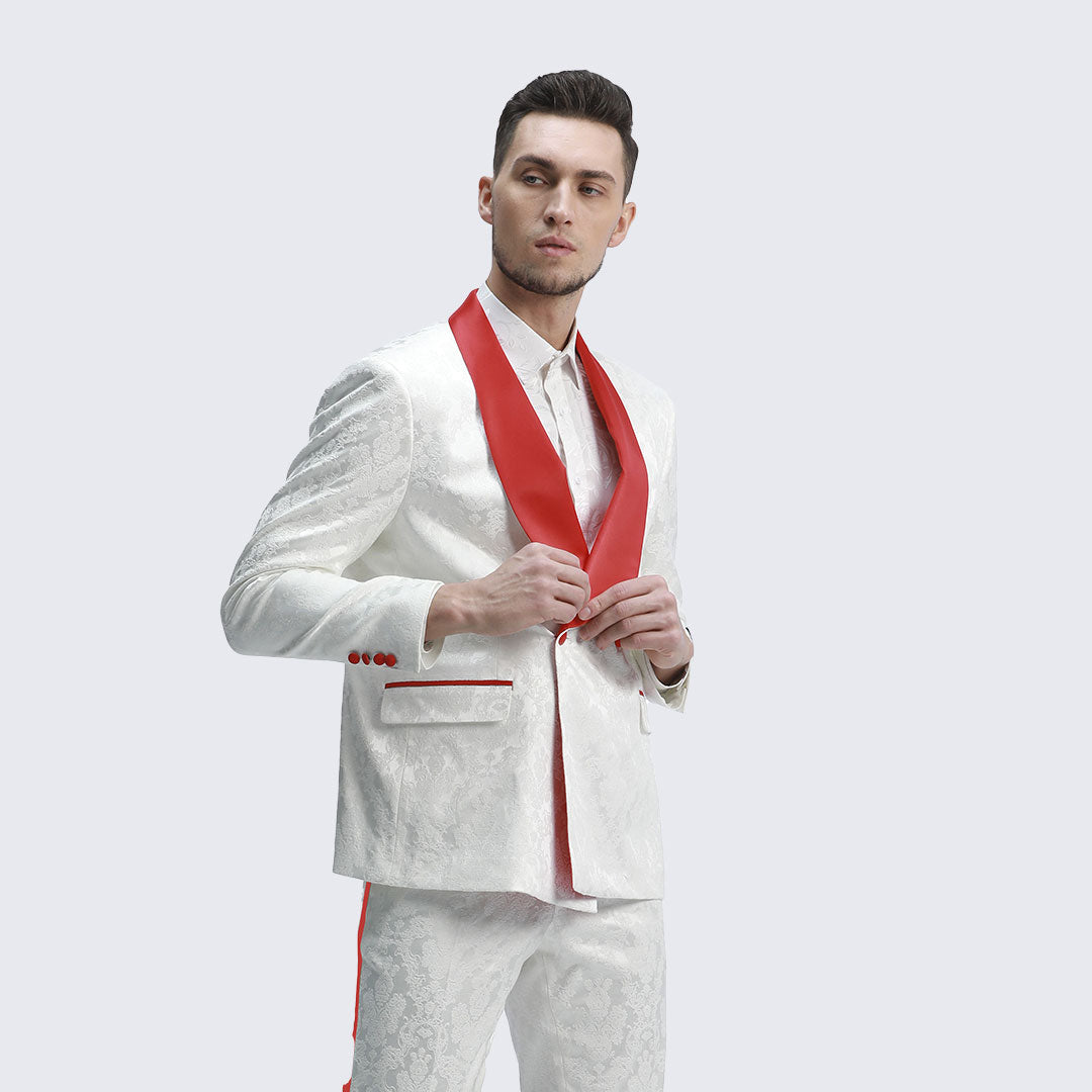 White And Red Tuxedo with Textured Paisley Design Two Piece Set - Wedding - Prom