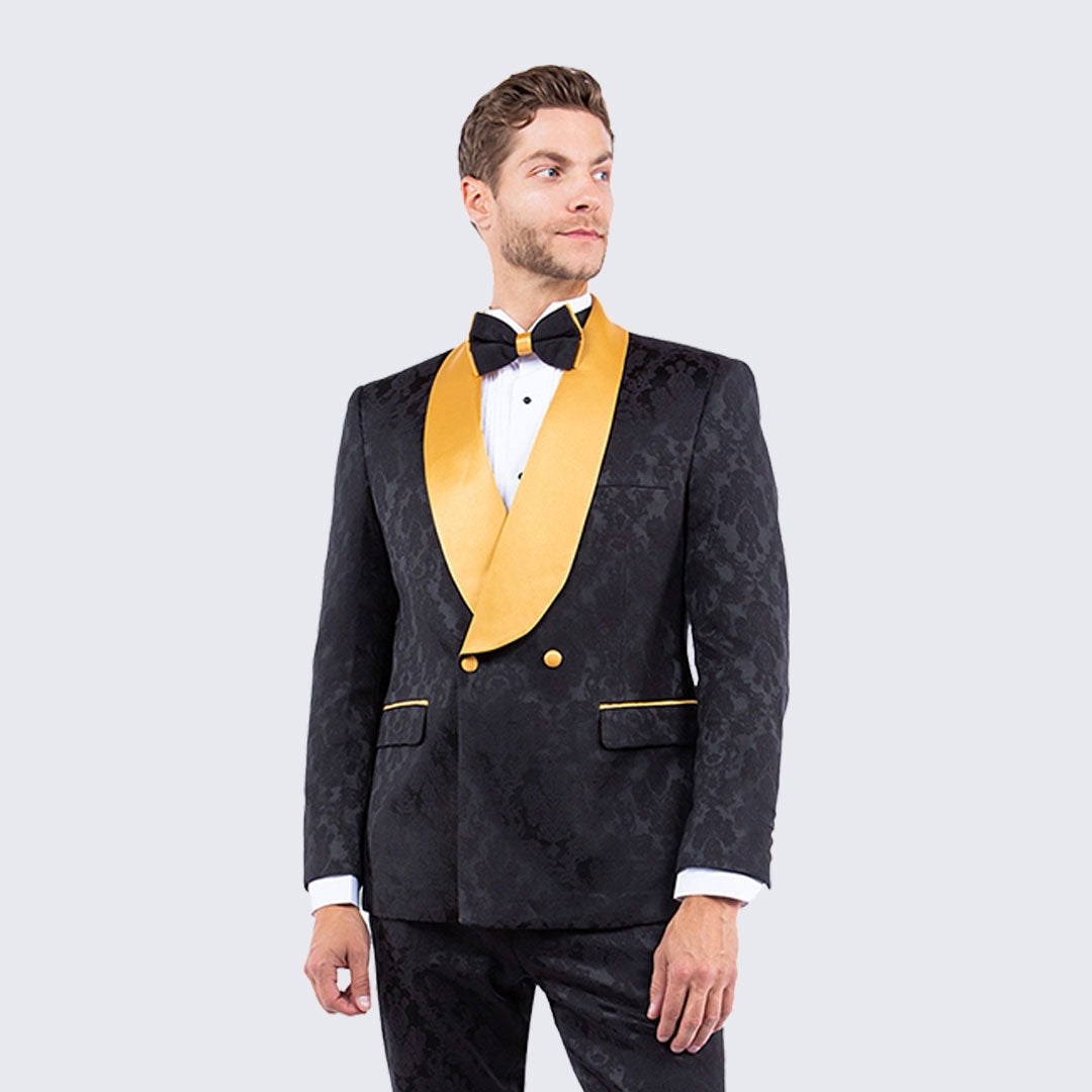 [DISCOUNTED] Black and Gold Tuxedo with Textured Paisley Design Two Piece Set - Limited Sizes
