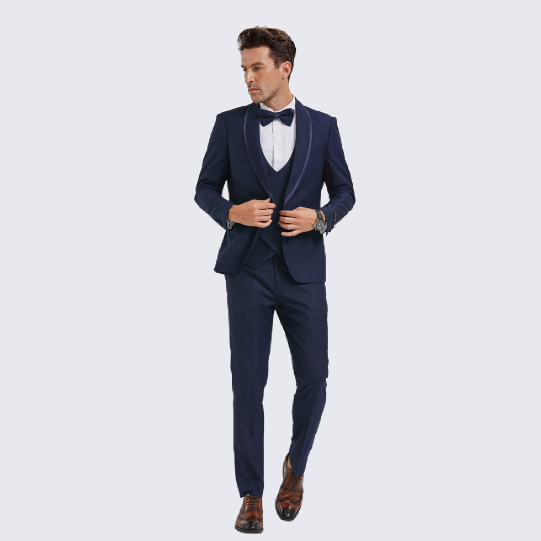 [DISCOUNTED] Blue Textured Tuxedo with Satin Trim Four Piece Set - Limited Sizes