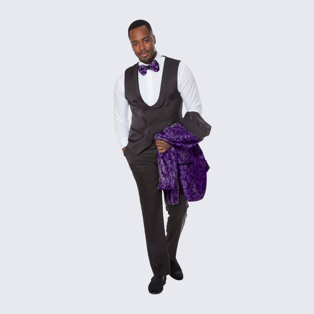 Purple Tuxedo with Floral Pattern Four Piece Set - Wedding - Prom