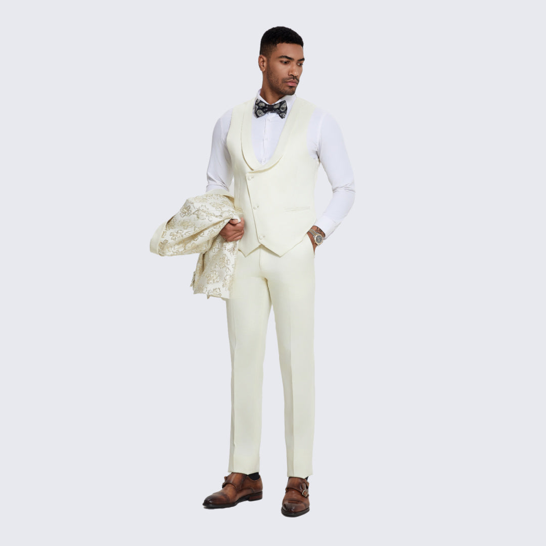Men's Ivory and Gold Tuxedo with Textured Floral Design- Wedding - Prom