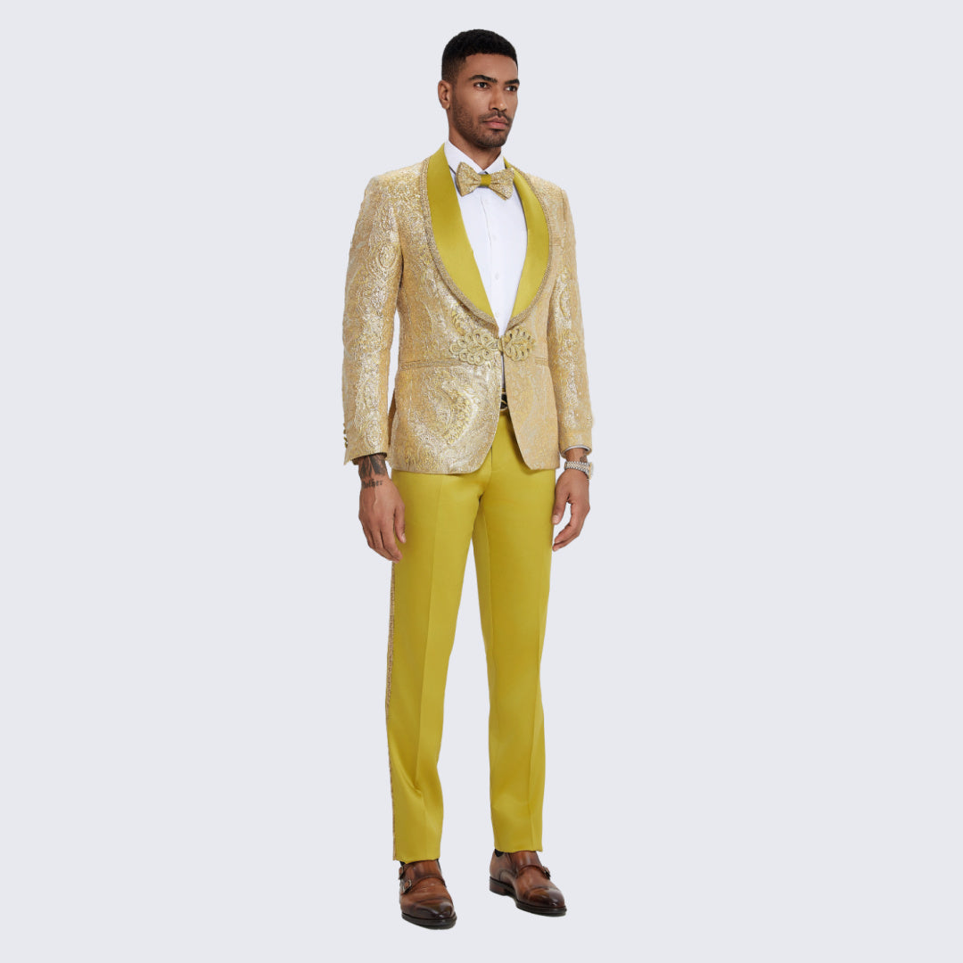 Men's Yellow Tuxedo with Gold Textured Paisley Design- Wedding - Prom