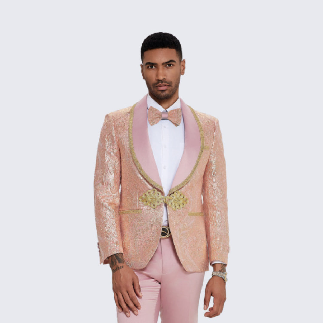 Men's Pink Tuxedo with Gold Textured Paisley Design- Wedding - Prom