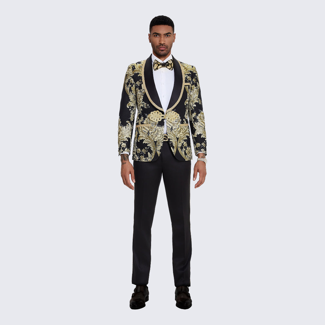 Men's Black Tuxedo with Gold Textured Paisley Design- Wedding - Prom