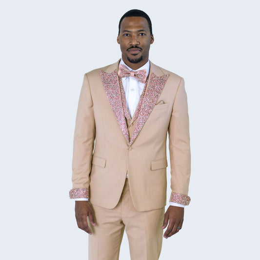 Rose Gold Peak Lapel Tuxedo with Stones – 4 Piece Set