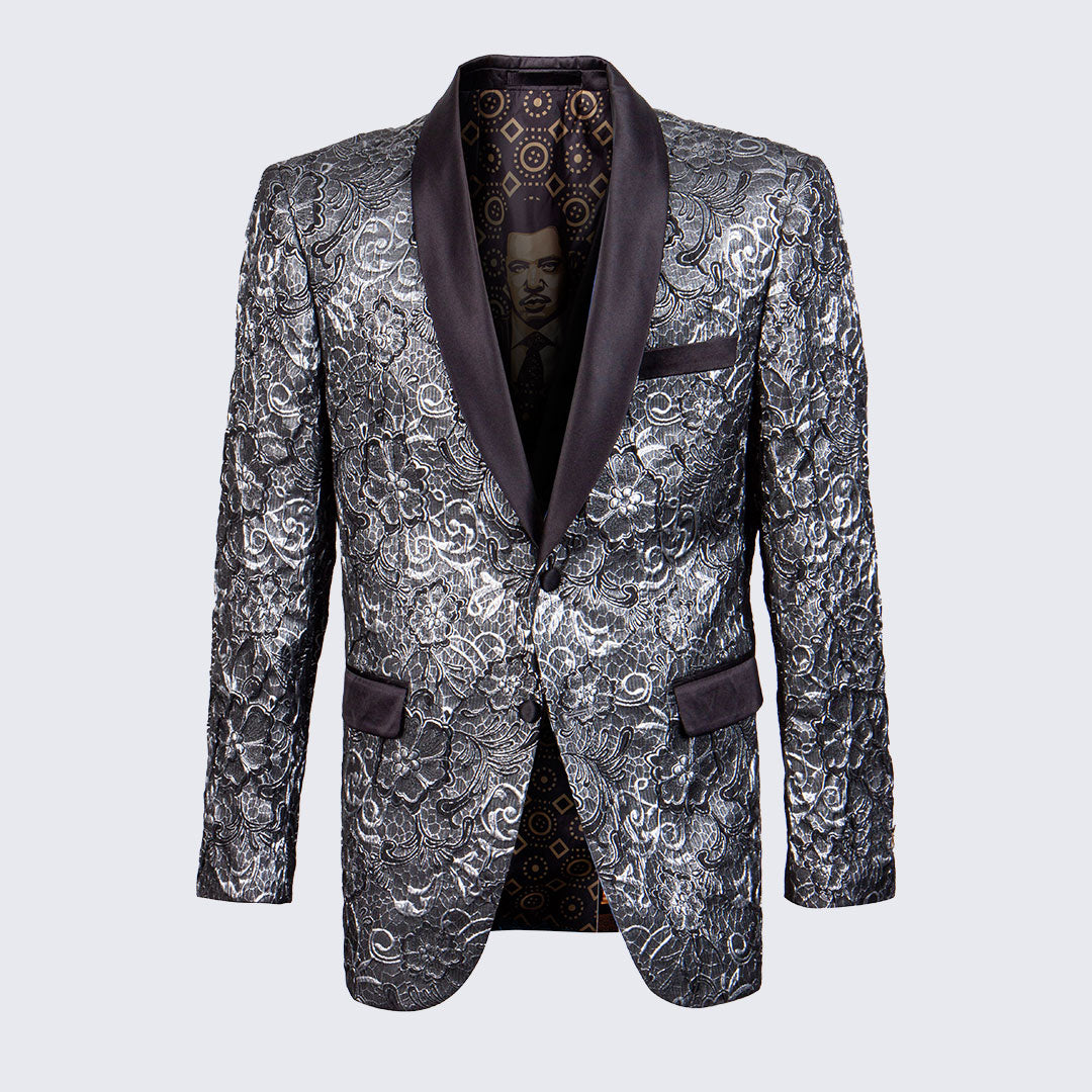 Silver Floral Tuxedo Jacket Slim Fit with Shawl Lapel- Wedding - Prom