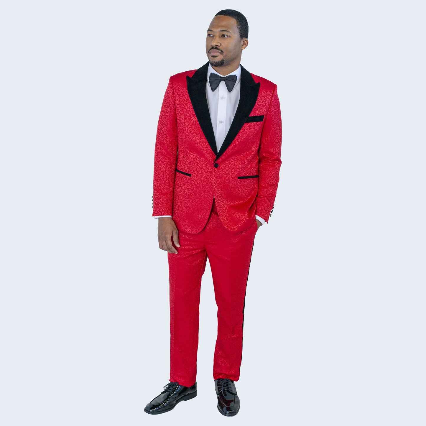 Red Paisley Tuxedo with Velvet Peak Lapel – 2-Piece Wedding & Prom