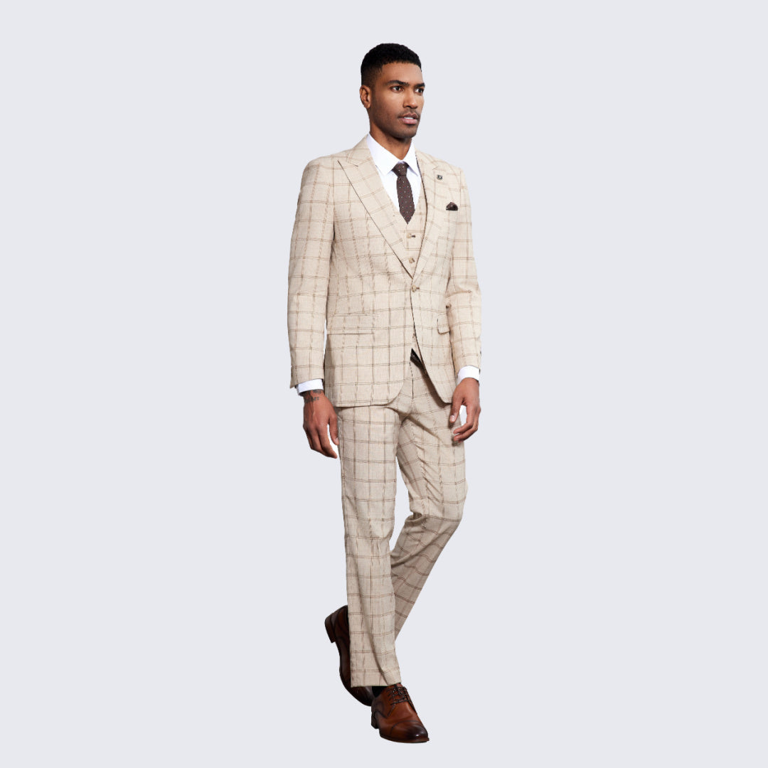 Men's Beige Windowpane Suit Three Piece Set- Wedding - Prom