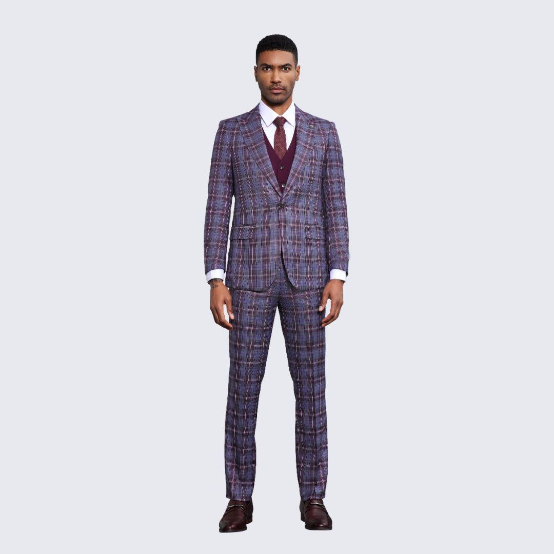 Men's Wine and Grey Plaid Suit Three Piece Set - Wedding - Prom