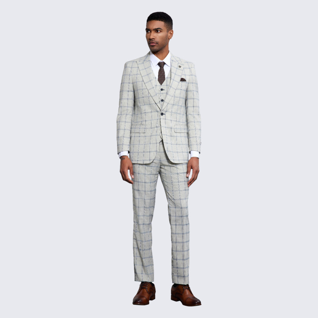 Men's Grey Windowpane Suit Three Piece Set - Wedding - Prom
