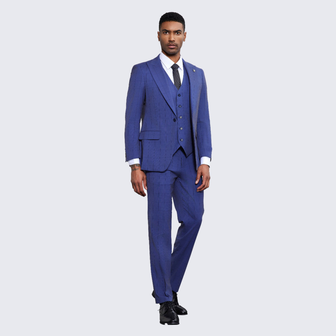 Men's Blue Windowpane Suit Three Piece Set- Wedding - Prom