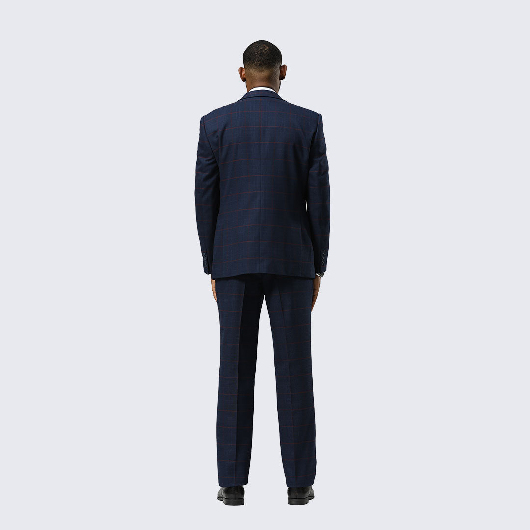 Navy Windowpane Three-Piece Suit with Peak Lapel – Wedding & Prom