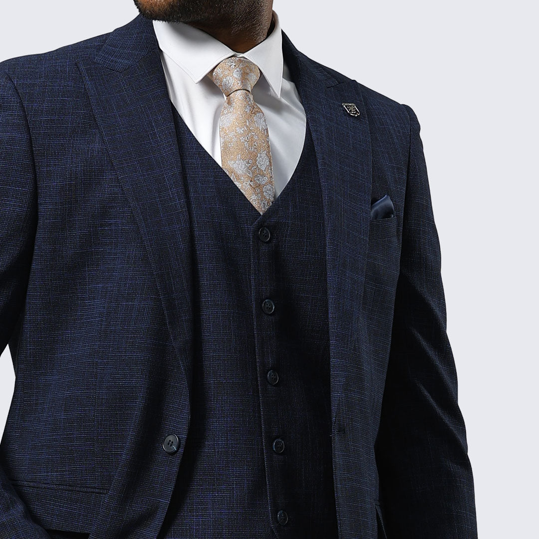 Navy Blue Canvas-Print Three-Piece Suit with Peak Lapel – Wedding & Prom