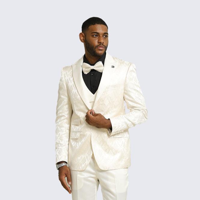 Off-White / Ivory Satin Damask 4-Piece Tuxedo Set with Peak Lapel – Wedding & Prom