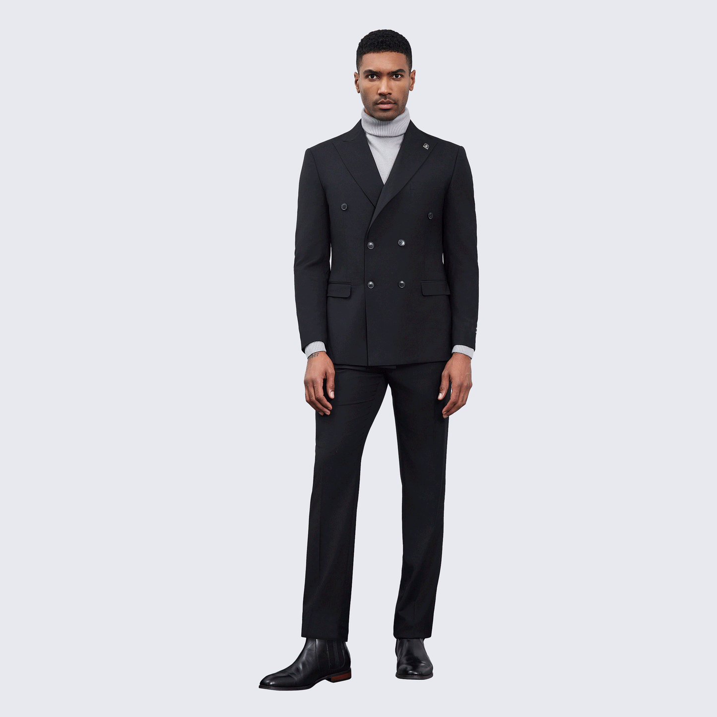 Men’s Double-Breasted Black Suit with Peak Lapel – Wedding & Prom