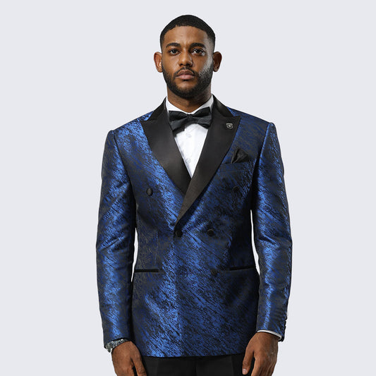Royal Blue Jacquard Double-Breasted Tuxedo Jacket with Black Satin Peak Lapel – Wedding & Prom