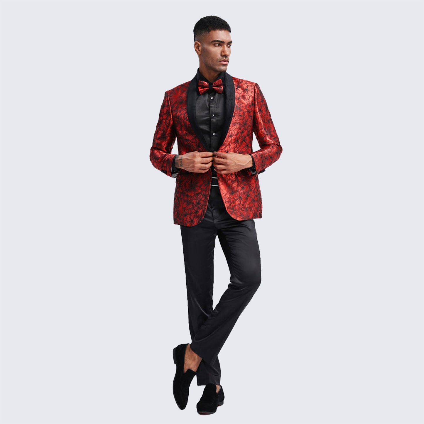 Red Floral Tuxedo Jacket with Shawl Lapel – Wedding & Prom