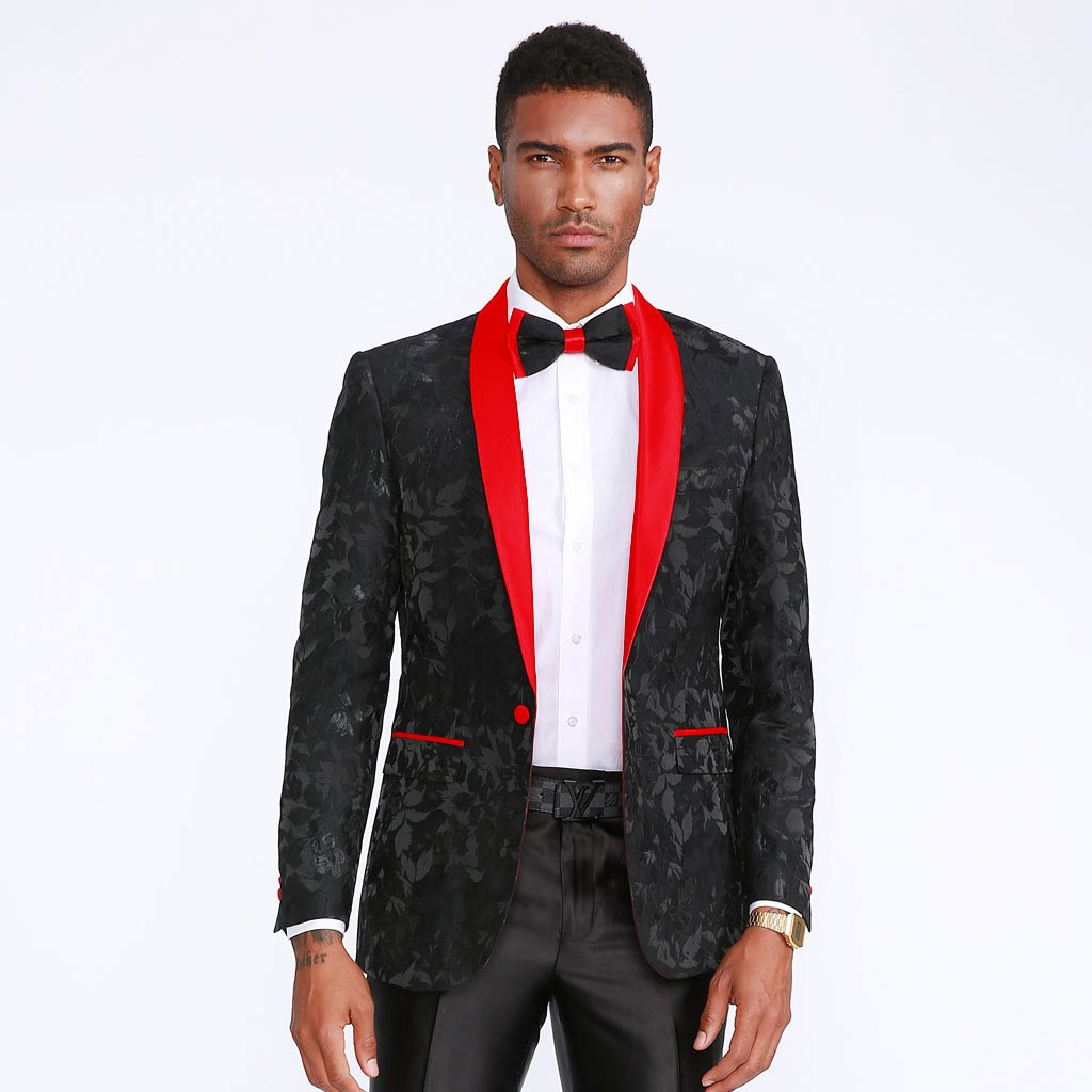 [DISCOUNTED] Black and Red Tuxedo Jacket Floral Pattern Slim Fit - Limited Sizes