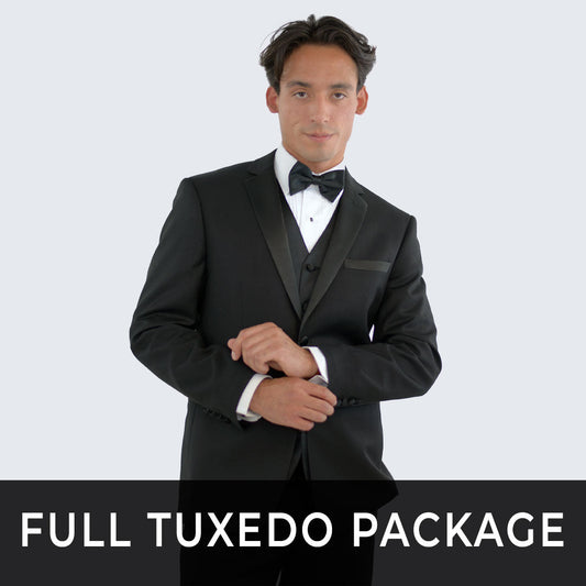 Slim Fit Tuxedo Package - Black Tuxedo Notch Lapel Set with Shirt, Vest, and Cufflink Set